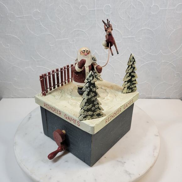Vintage Wooden Box Christmas Motion Decor Reindeer Games Santa Flying Reindeer - Picture 11 of 16